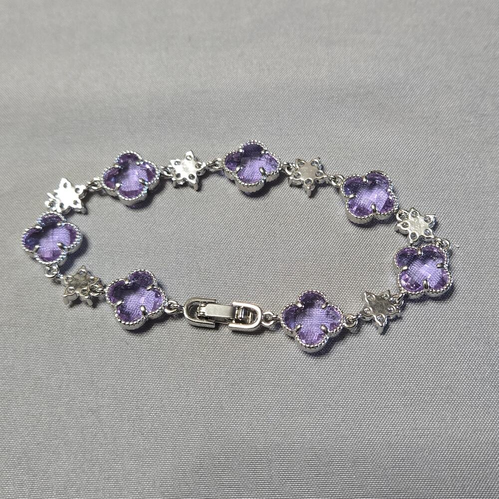 Silver Tone Purple Clover Station Bracelet Zircon Crystal Accents - Picture 2 of 7